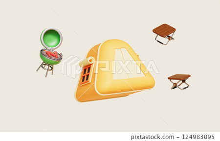 Camping Tent, BBQ Grill and Folding Chair Icon. 3D Rendering 124983095