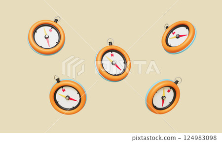 Orange Compass Pointing North Icon. 3D Rendering. 124983098