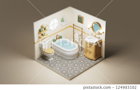 Isometric Cozy Bathroom with Bathtub. 3D Rendering. 124983102