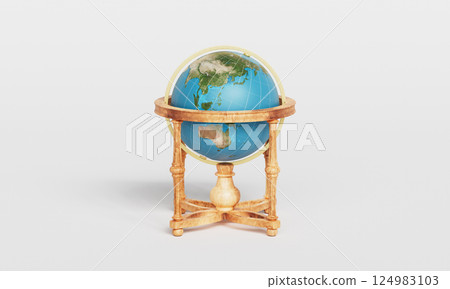 Vintage Wooden Earth Globe Model. 3D Rendering. Vintage Wooden Earth Globe Model. 3D Rendering. 124983103