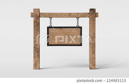 Old Medieval Wood Sign Mock up. 3D Rendering. Old Medieval Wood Sign Mock up. 3D Rendering. 124983113