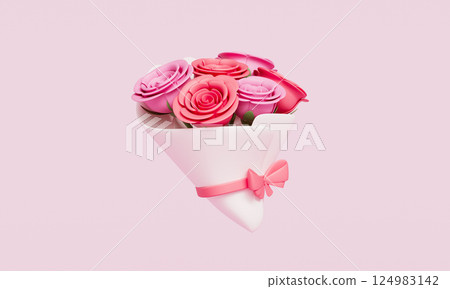 Paper Wrapped Rose Flower Bouquet and Ribbon Icon. 3D Rendering 124983142