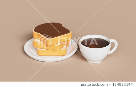 Breakfast  Coffee and Toast with Chocolate Spread Icon. 3D Rendering. 124983144