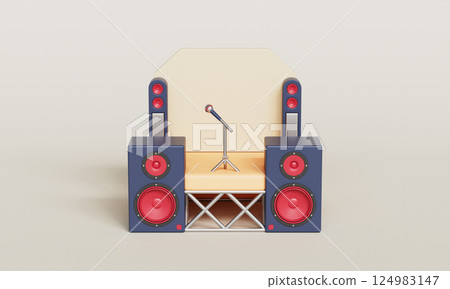 Music Concert Stage with Speaker and Microphone Icon. 3D Rendering. 124983147