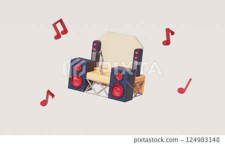 Music Concert Stage with Speaker and Microphone Icon. 3D Rendering. 124983148