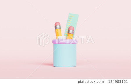 Stationary Set Icon. Pencil, Ruler and Eraser. 3D Rendering 124983161