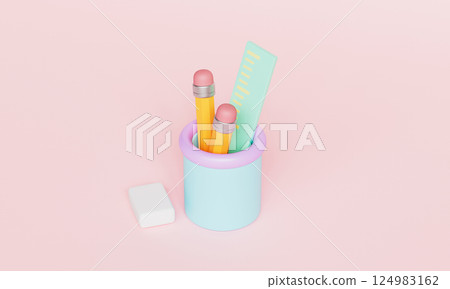Stationary Set Icon. Pencil, Ruler and Eraser. 3D Rendering Stationary Set Icon. Pencil, Ruler and Eraser. 3D Rendering 124983162
