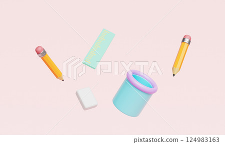 Stationary Set Icon. Pencil, Ruler and Eraser. 3D Rendering Stationary Set Icon. Pencil, Ruler and Eraser. 3D Rendering 124983163