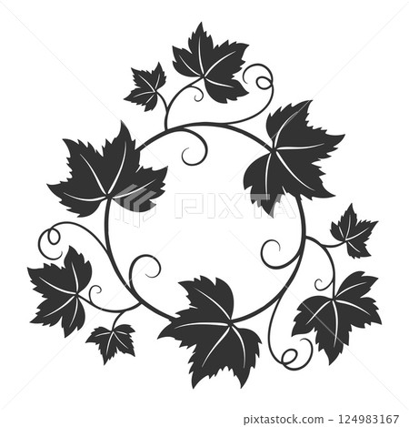 Round frame of grapevine with leaves and tendrils. Autumn harvest. Advertising label. Simple flat vector Round frame of grapevine with leaves and tendrils. Autumn harvest. Advertising label. Simple flat vector 124983167