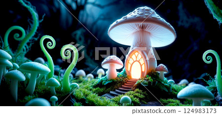 Fairytale fantasy forest with glowing mushroom house. Unreal forest. AI generated. 124983173