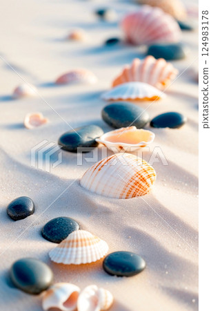 Creamy white sand beach with smooth pebbles and bleached shells, minimalist, simplicity and natural textures, AI generated. 124983178