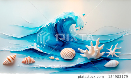Marine watercolor landscape, sea wave, shells and corals. World Oceans Day. Abstract sea drawing created with AI. 124983179