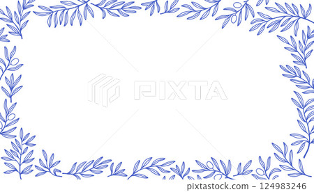 Branch rectangular border banner. Leaves and branches rectangular frame floral ornament. Line pattern background. Mediterranean blue outline stroke. Vector line. 124983246
