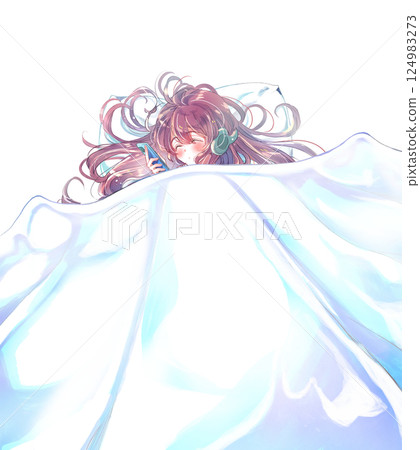 Girl lying down with headphones on, smartphone, eyes closed, futon 124983273