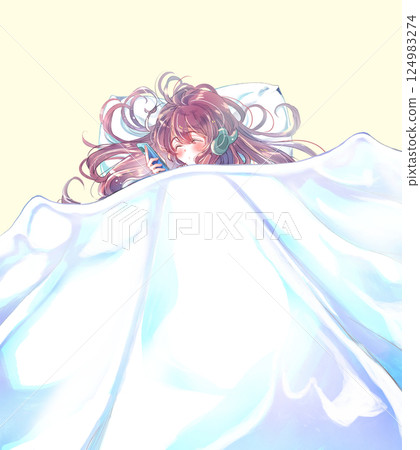 女孩躺著，戴著耳機，智慧型手機，閉著眼睛，蒲團 124983274