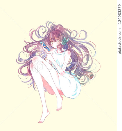 Girl lying down with headphones on, smartphone 124983279