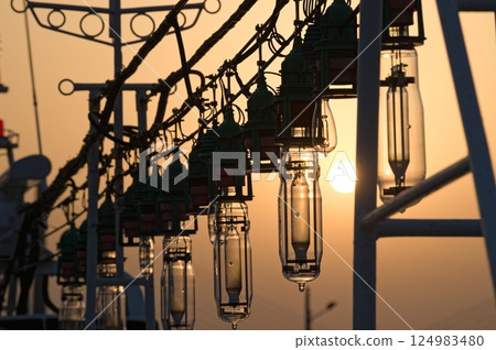 Silhouette of the lamp of an anchored squid fishing boat Silhouette of the lamp of an anchored squid fishing boat 124983480