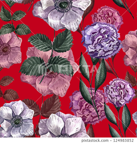 Watercolor seamless pattern with different wild flowers. Cute floral pattern perfect for textile design. Cute background for fabric, textile, wallpaper. Meadow with flowers. Watercolor seamless pattern with different wild flowers. Cute floral pattern perfect for textile design. Cute background for fabric, textile, wallpaper. Meadow with flowers. 124983852