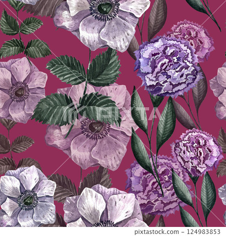 Watercolor seamless pattern with different wild flowers. Cute floral pattern perfect for textile design. Cute background for fabric, textile, wallpaper. Meadow with flowers. 124983853