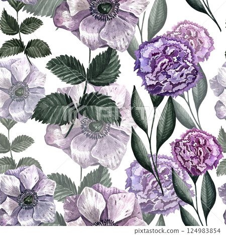Watercolor seamless pattern with different wild flowers. Cute floral pattern perfect for textile design. Cute background for fabric, textile, wallpaper. Meadow with flowers. Watercolor seamless pattern with different wild flowers. Cute floral pattern perfect for textile design. Cute background for fabric, textile, wallpaper. Meadow with flowers. 124983854
