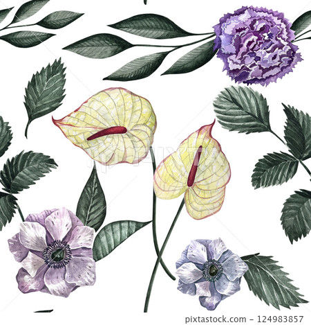 Watercolor seamless pattern with different wild flowers. Cute floral pattern perfect for textile design. Cute background for fabric, textile, wallpaper. Meadow with flowers. Watercolor seamless pattern with different wild flowers. Cute floral pattern perfect for textile design. Cute background for fabric, textile, wallpaper. Meadow with flowers. 124983857