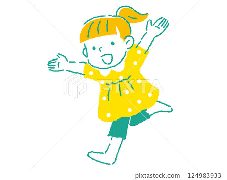 手繪插圖：一個女孩舉起雙手，微笑著奔跑 124983933