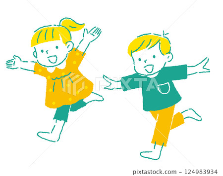 手繪插圖：一個男孩和一個女孩舉起雙手微笑著奔跑 124983934