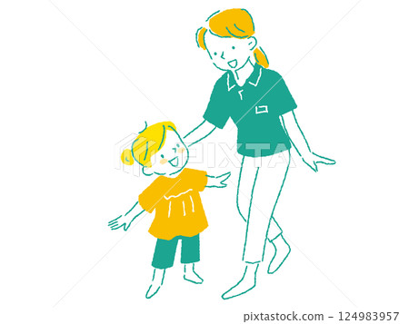 A happy illustration of a kindergarten teacher and a girl, hand-drawn 124983957