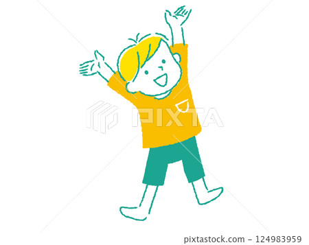 Hand-drawn illustration of a boy raising his hands in joy 124983959