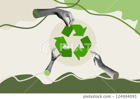 Recycling and Environmental Awareness. Hands engaging in the recycling symbol, promoting sustainability and eco-friendly practices. 124984093