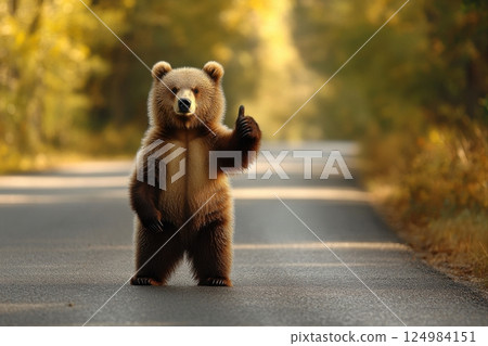 Grizzly bear giving a thumbs up forest road animal photography natural setting close-up humor Grizzly bear giving a thumbs up forest road animal photography natural setting close-up humor 124984151