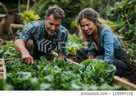 Gardening together couples cultivating fresh vegetables in a backyard oasis 124984158