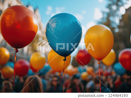 Festive celebration with colorful balloons city park event photography vibrant atmosphere eye-level view joyful gathering 124984193