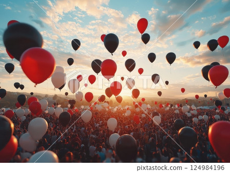 Colorful balloon release event at sunset outdoor festival celebratory atmosphere vibrant crowd scenic view joy and freedom 124984196