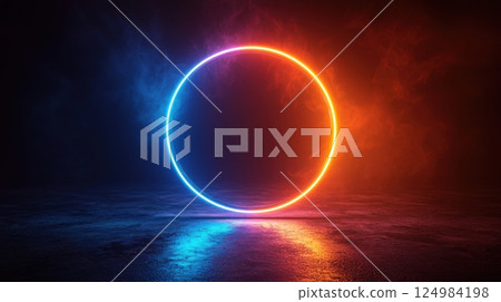 Vibrant neon circle light abstract art in a digital design studio environment 124984198