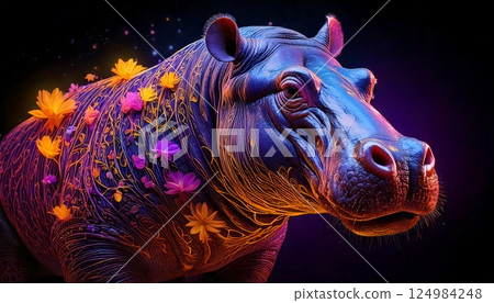 河馬和花朵散發出奇妙的光芒。神秘之美的藝術 河馬和花朵散發出奇妙的光芒。神秘之美的藝術 124984248