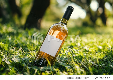 Wine bottle showcase in nature outdoor setting product photography serene environment close-up view Wine bottle showcase in nature outdoor setting product photography serene environment close-up view 124984337