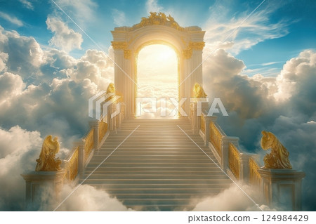 Heavenly stairs leading to a golden gateway fantasy concept ethereal environment Heavenly stairs leading to a golden gateway fantasy concept ethereal environment 124984429