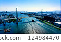 Aerial shot of the view of the mouth of the river in Osaka, toward Tempozan, taken with a drone 124984470