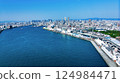 A drone shot of the view from the mouth of the river in Osaka, Tempozan, towards the big city of Osaka Umeda. 124984471