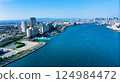 A drone shot of the view from the mouth of the river in Osaka, Tempozan, towards the big city of Osaka Umeda. 124984472