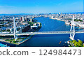 A drone shot of the view from the mouth of the river in Osaka, Tempozan, towards the big city of Osaka Umeda. 124984473