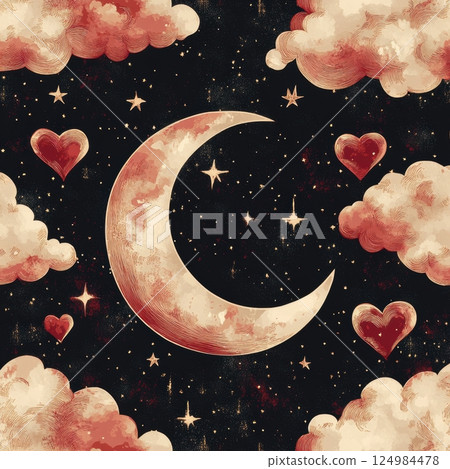 Artistic perspective of a dreamy moon with hearts and clouds in a cosmic sky 124984478