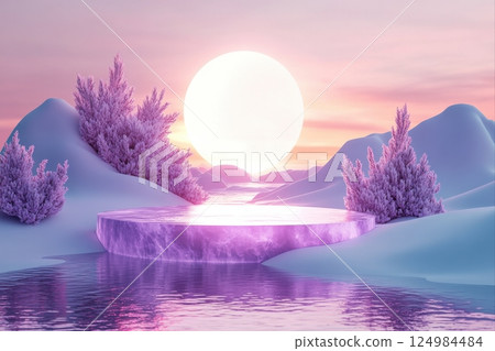 Mystical sunset over icy landscape a dreamlike reflection in serene waters 124984484