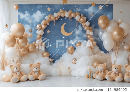 Whimsical teddy bear party decor indoor setup for a playful birthday celebration Whimsical teddy bear party decor indoor setup for a playful birthday celebration 124984495