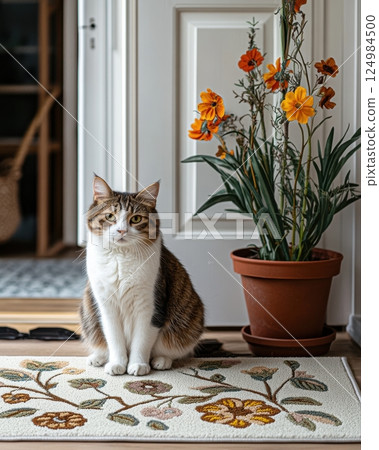 Indoor cat and potted flowers capturing serenity in cozy home interior photography 124984500