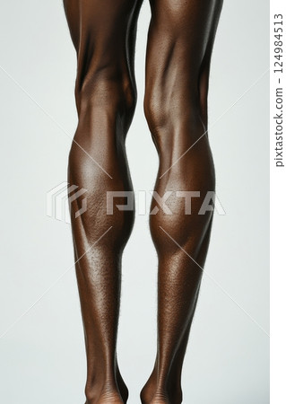 Dynamic athletic pose studio setting fashion photography minimalist environment close-up view body art concept for seo impact 124984513