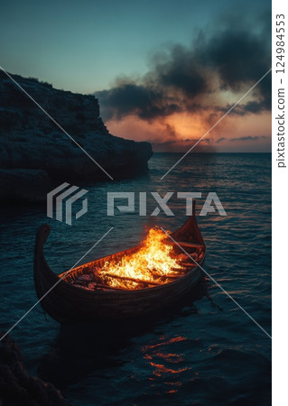Cinematic sunset photography viking ship burning ritual in mythical waters 124984553