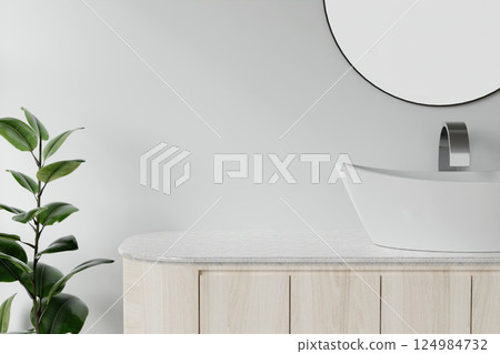 Stylish bathroom close-up with modern sink and round mirror, 3D render illustration. 124984732