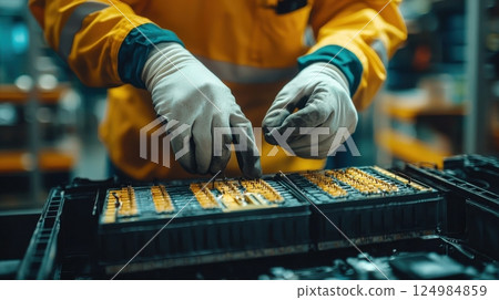 Industrial worker assembling battery packs in manufacturing facility close-up perspective 124984859